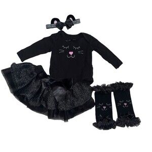 Black Cat Baby Girl Outfit 3 Months Leg Warmers Headband Skirt Bodysuit Photo